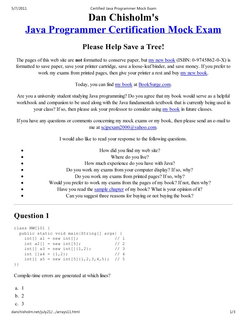 Certified Java Programmer Mock Exam | PDF | Books | C (Programming ...