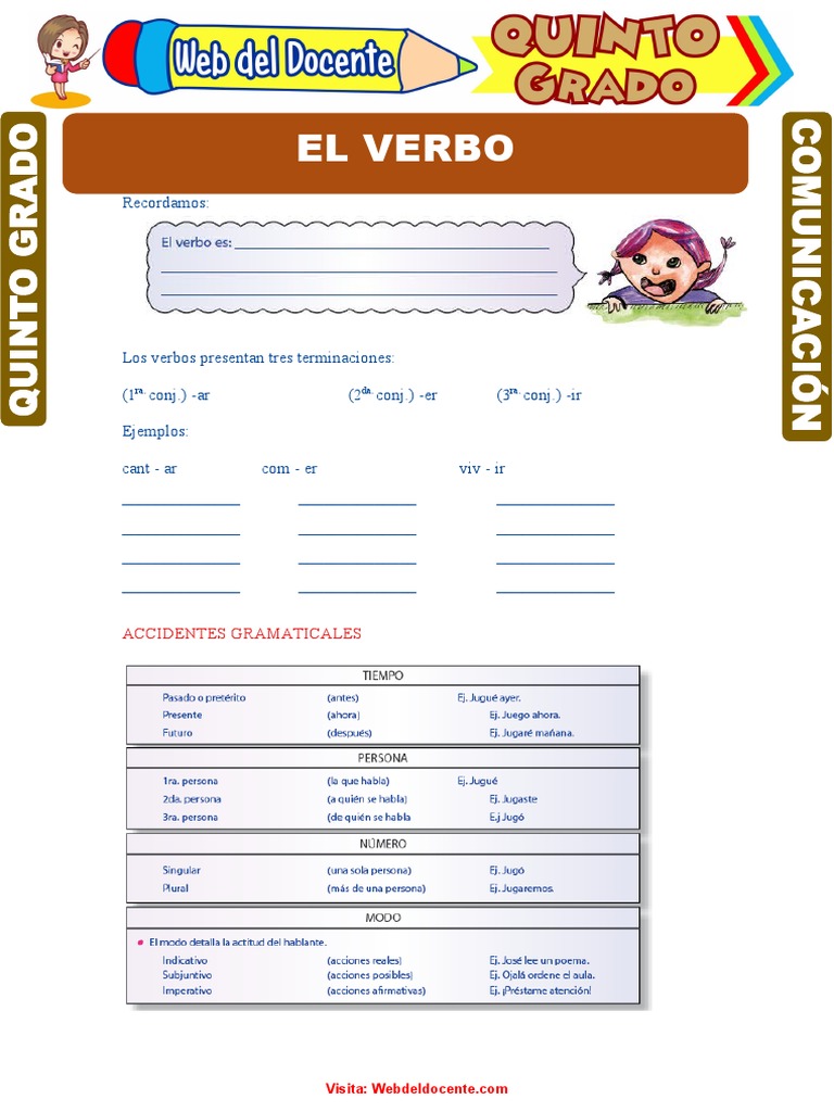 El Verbo y Sus Accidentes Gramaticales para Quinto Grado de Primaria | PDF