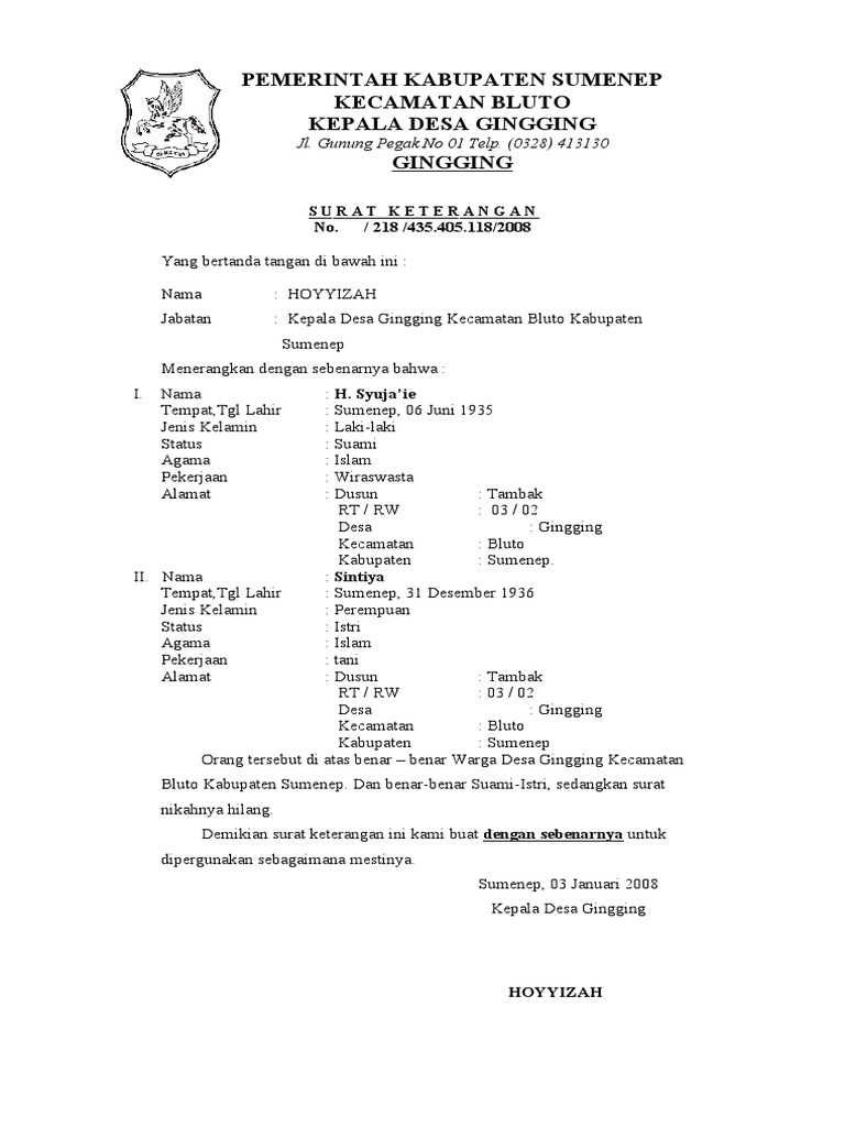 Surat Keterangan Warga Desa Gingging | PDF
