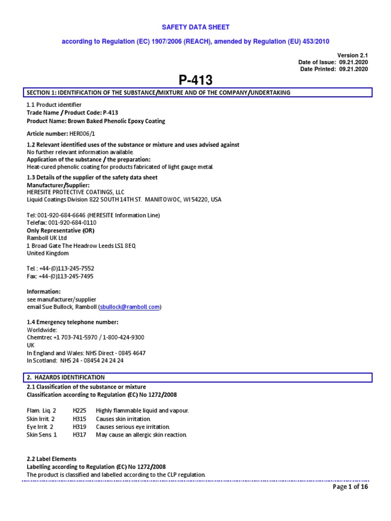 P-413 Baked Phenolic Coating Safety Data | PDF | Toxicity | Personal ...