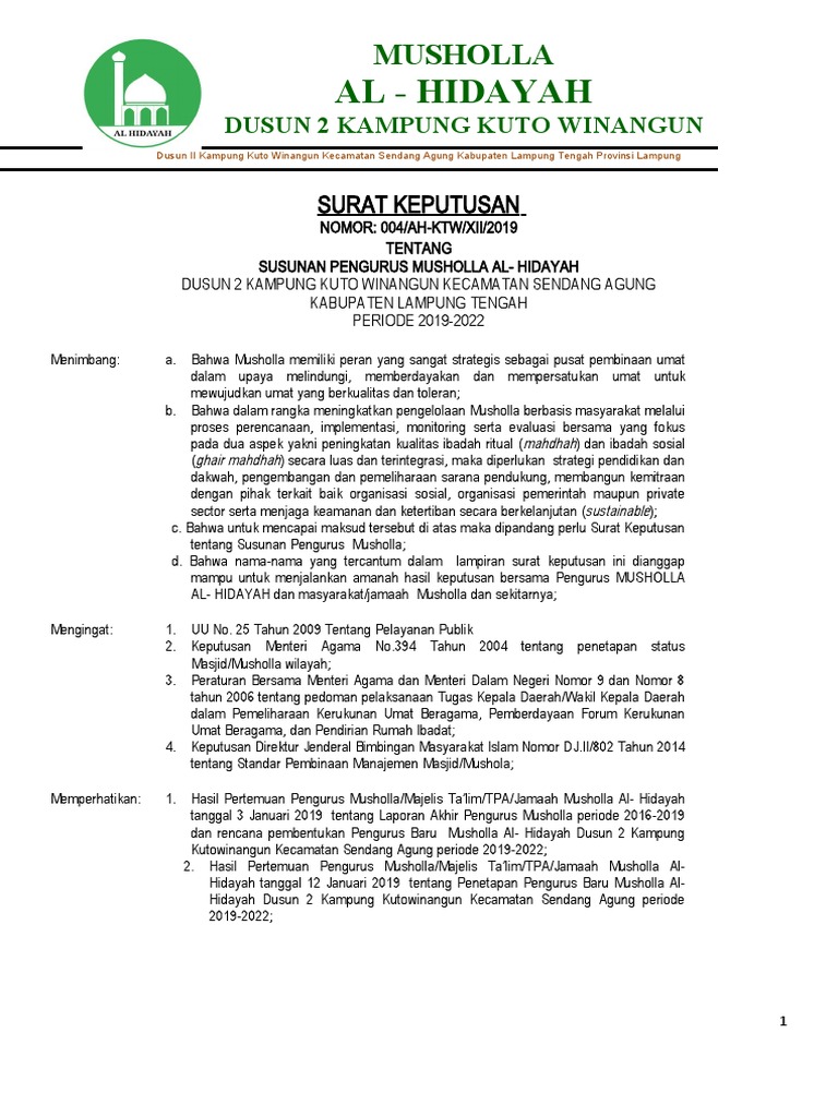 Keputusan Panitia Formatur Tentang Kepengurusan Musholla Al Hidayah