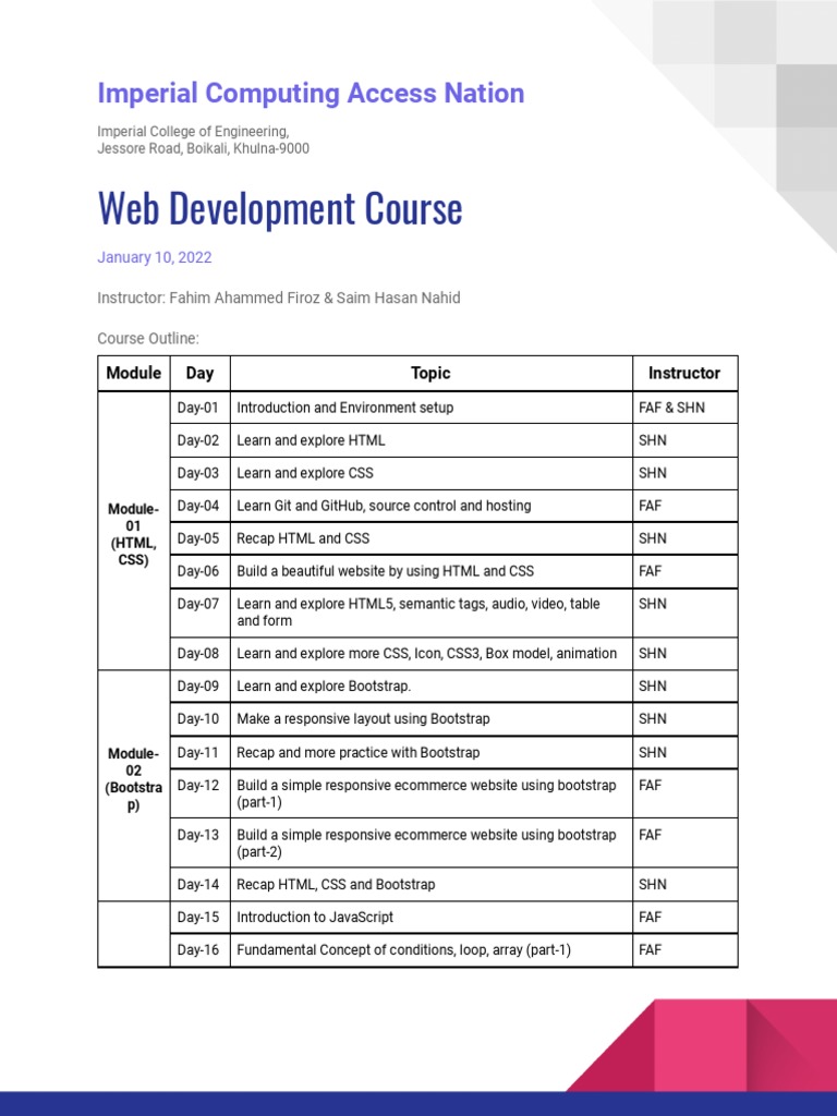 Course Outline With Instructor | PDF | Java Script | Bootstrap (Front ...