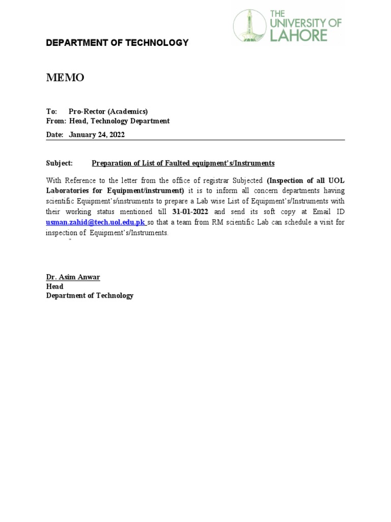 Memo For List of Equipment PDF