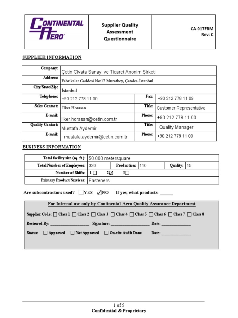 Supplier Quality Assessment Questionnaire (CA017FRM) PDF