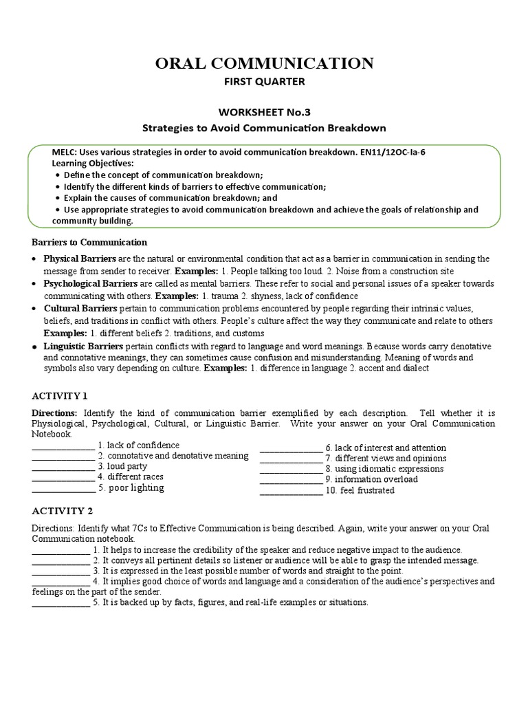 Oral Communication Worksheet No.3 PDF Communication Mental Disorder