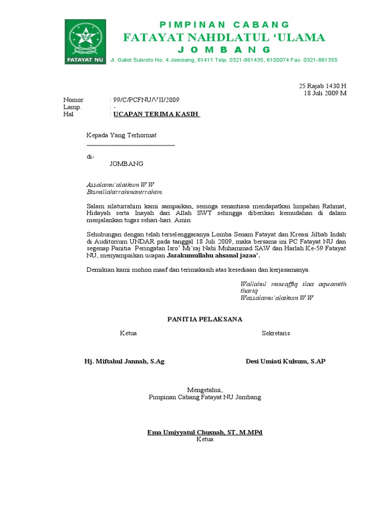 Contoh Surat Ucapan Terima Kasih Pdf