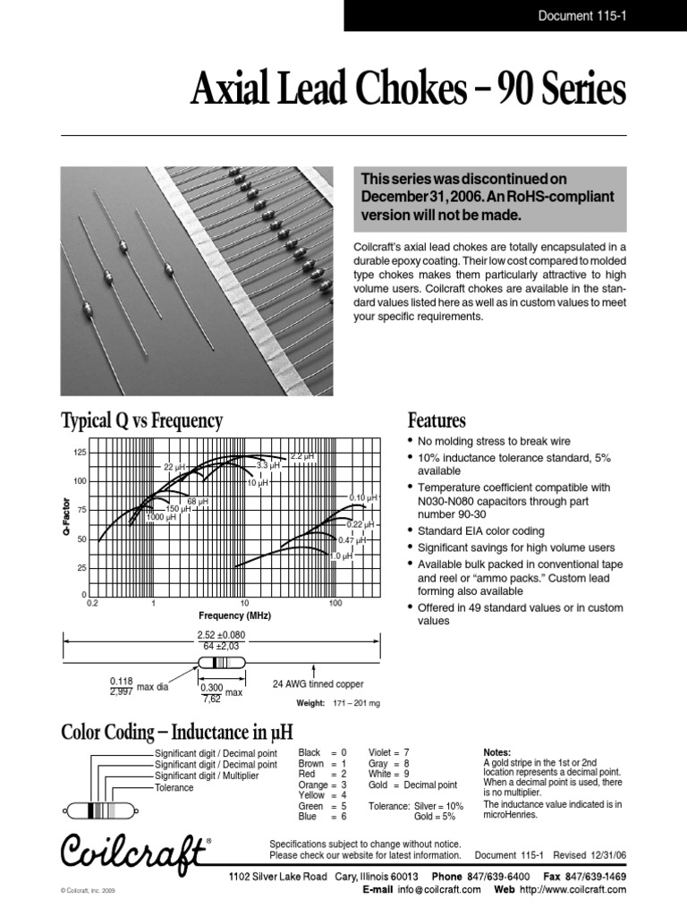 Axial Lead Chokes 90 Series Features Typical Q Vs Frequency PDF