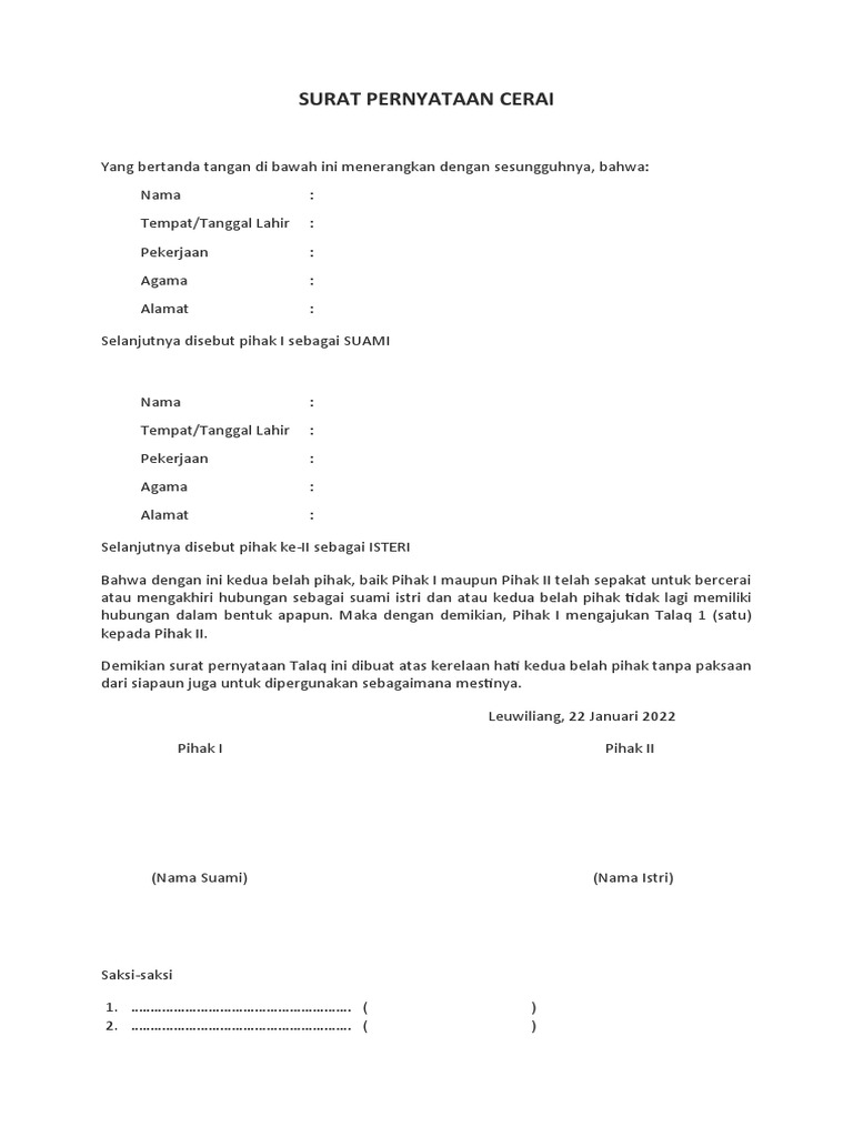 Contoh Surat Pernyataan Cerai | PDF