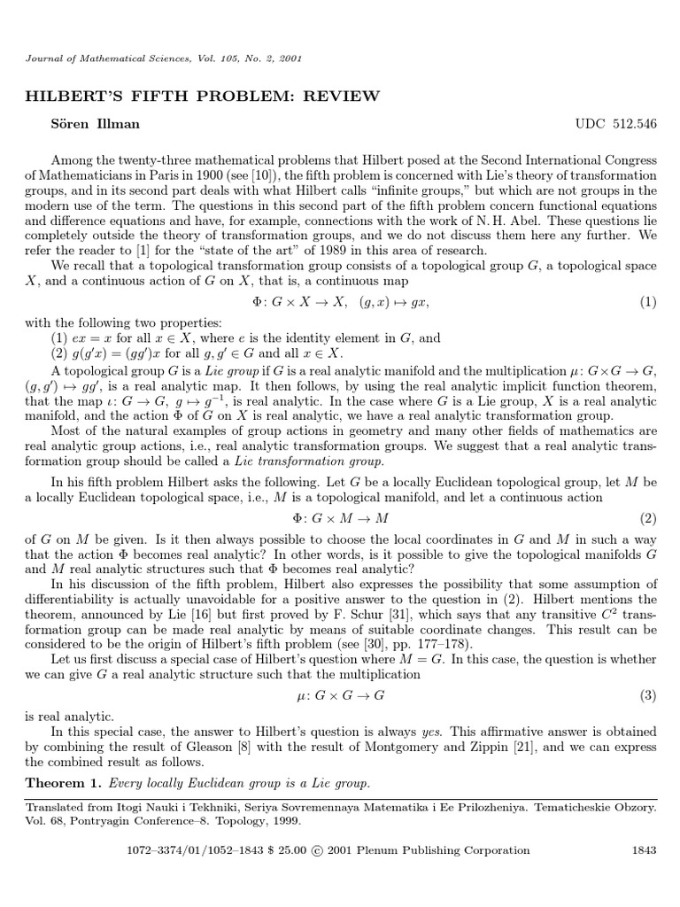 Hilbert'S Fifth Problem Review Journal of Mathematical Sciences, Vol