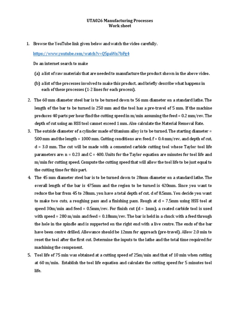 UTA026 Manufacturing Processes Work Sheet | PDF | Machining ...