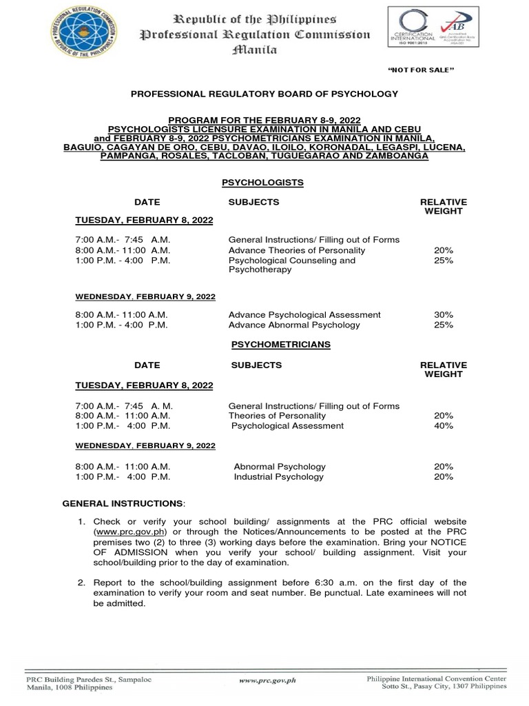 February 2022 Psychometrician and Psychology Board Exam Program PDF