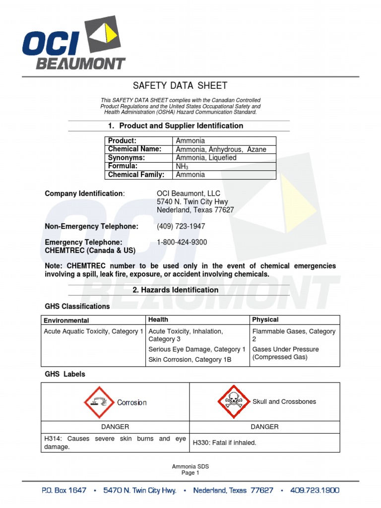 Oci NV Safety Data Sheet Ammonia PDF Firefighting Fires