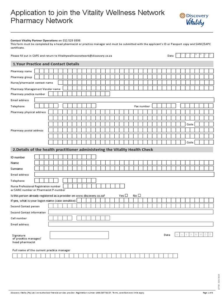Application To Join The Vitality Wellness Network For Pharmacy 2021