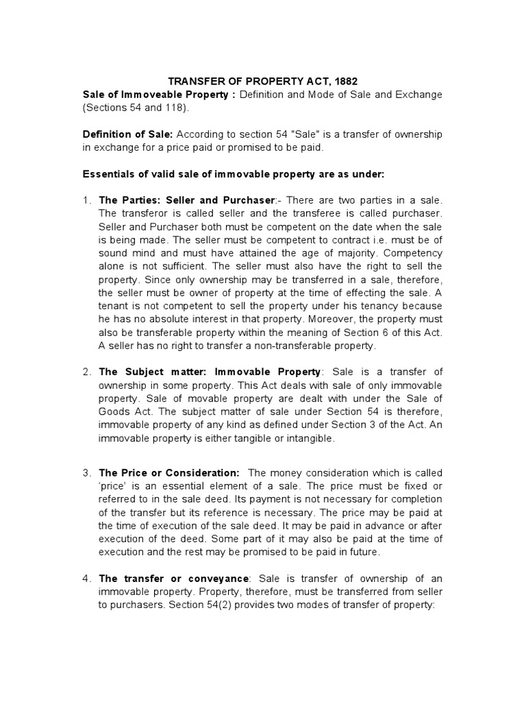 Transfer of Property Act, 1882 Sale of Immoveable Property Definition
