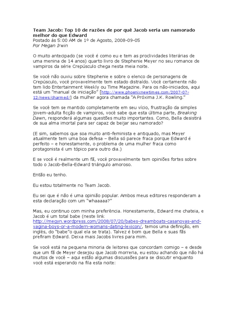 10 Razões Porque Jacob É Melhor Par para Bella Do Que Edward | PDF |  Crepúsculo (série literária de ficção) | Lazer, image size:768x1024