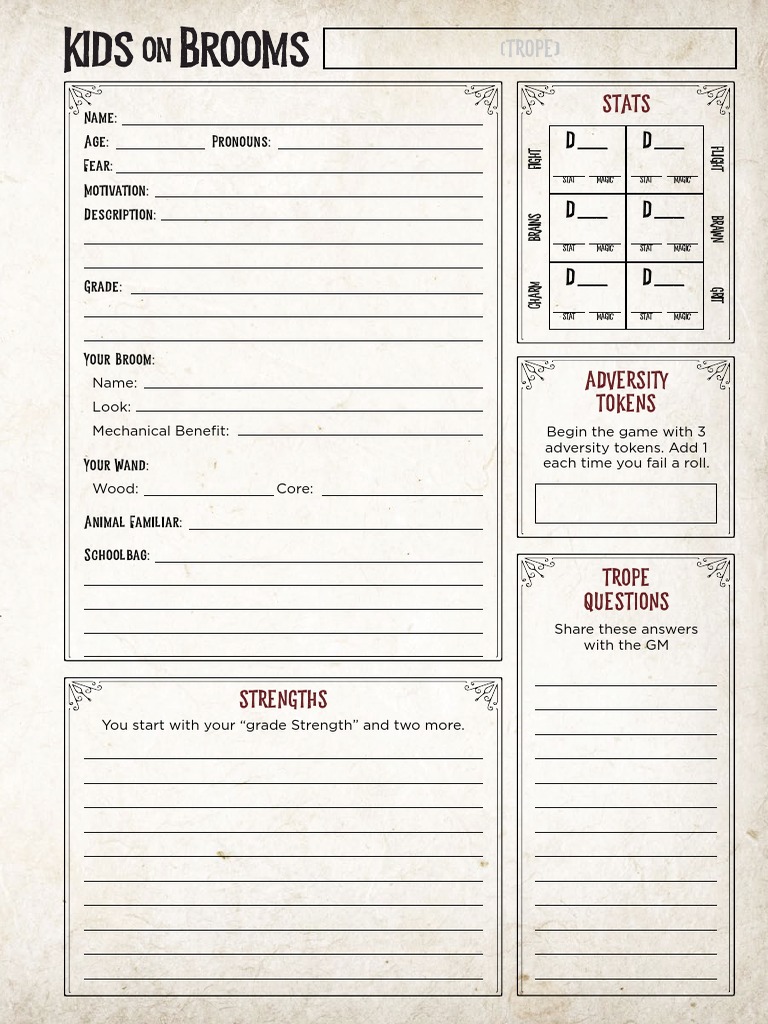 Kids on Brooms Character Sheet | PDF