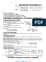 Devoir de Synthèse N°1 - Génie Mécanique Système D'usinage A Plateau Tournant - 3ème Technique (2013-2014) MR Mlaouhi Slaheddine