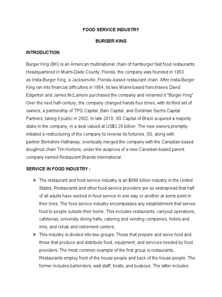 Food Service Industry Burger King PDF Food And Drink Business