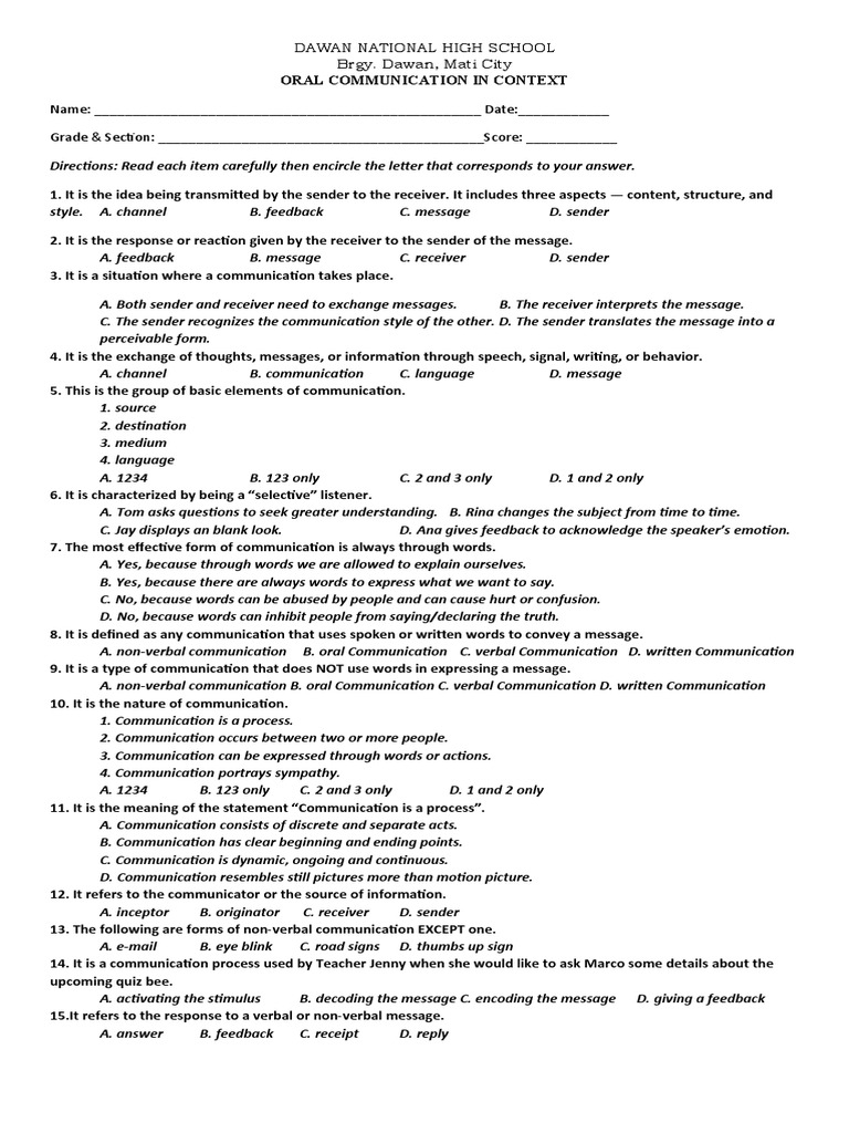 Oral Communication Assessment Analyzing a Mock Exam on Communication