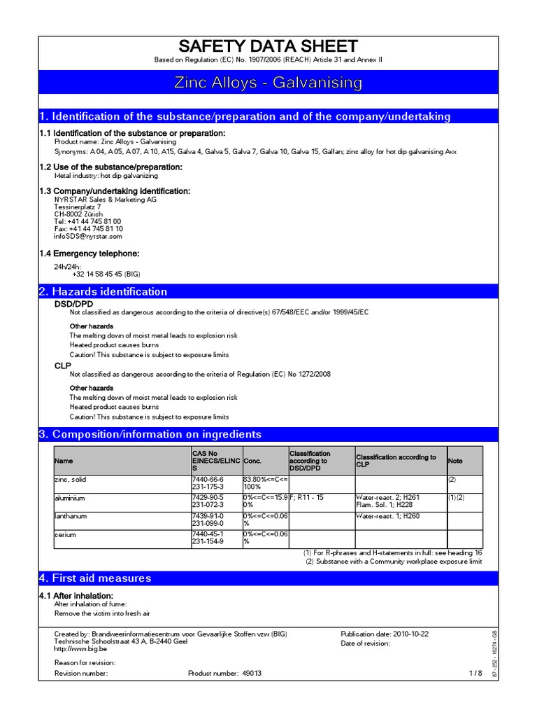 Zinc Aluminium Alloys (ZnAl High Al) PDF Dangerous Goods Magnesium