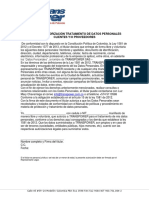 Formato Autorización Tratamiento de Datos Personales Clientes y o Proveedores