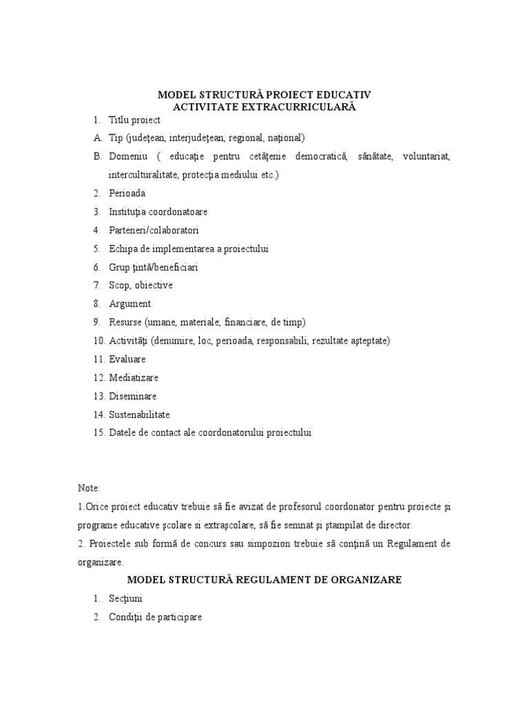 Model Structura Proiect Educativ | PDF