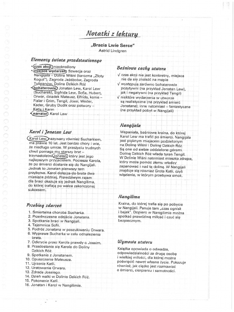 Bracia Lwie Serce Karty Pracy Bracia Lwie Serce-NE | PDF