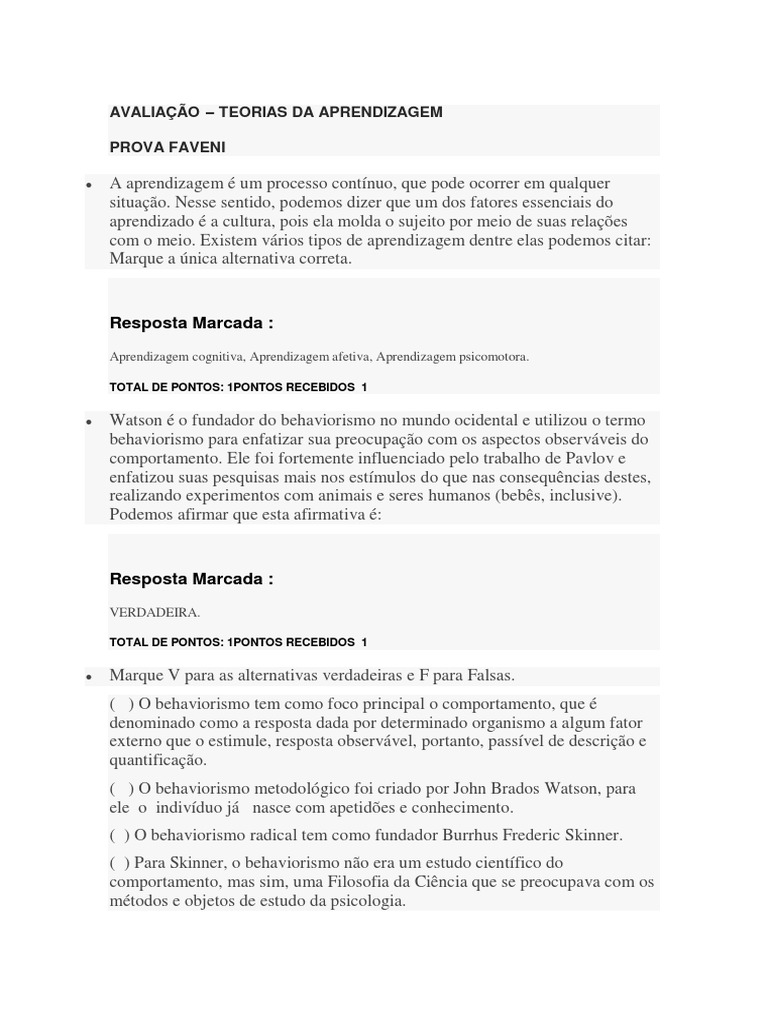 Avaliação das Teorias da Aprendizagem | PDF | Behaviorismo | Aprendizado