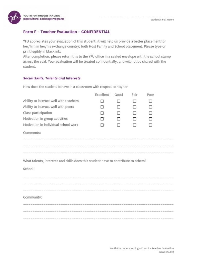 Form F - Teacher Evaluation - CONFIDENTIAL: Social Skills, Talents and ...