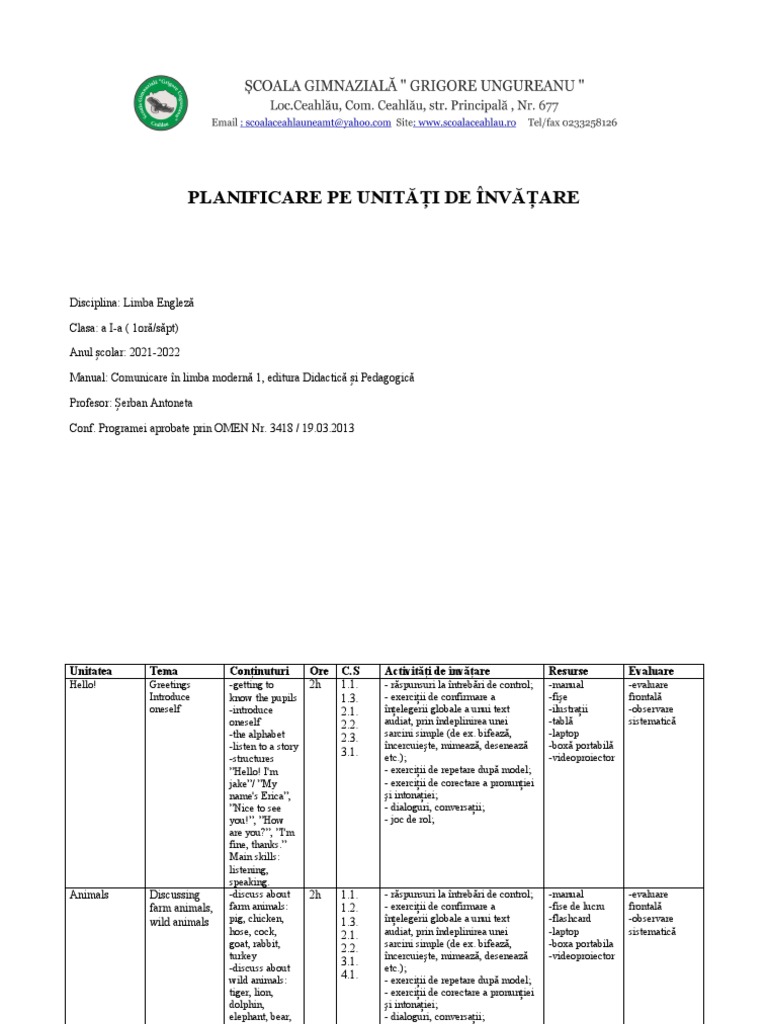 Planificare Unitati Clasa 1 | PDF