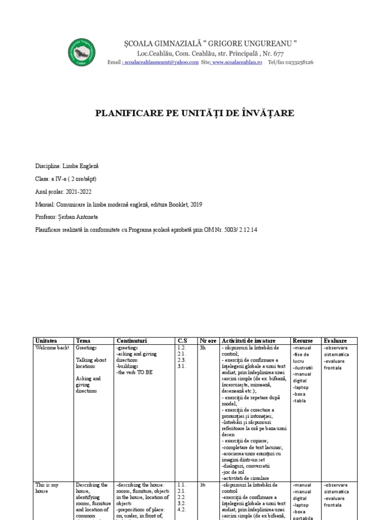 Planificare Unitati 4, Engleza | PDF