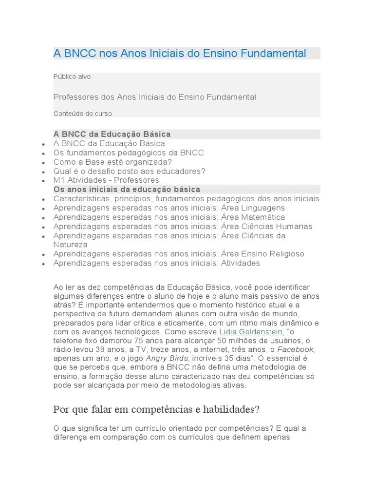 A BNCC Nos Anos Iniciais Do Ensino Fundamental | PDF | Alfabetização ...