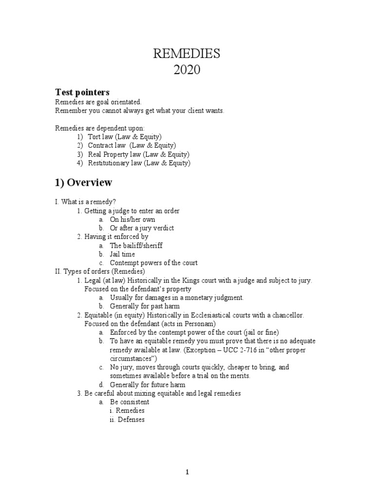 Remedies Outline 2020 | PDF | Damages | Legal Remedy