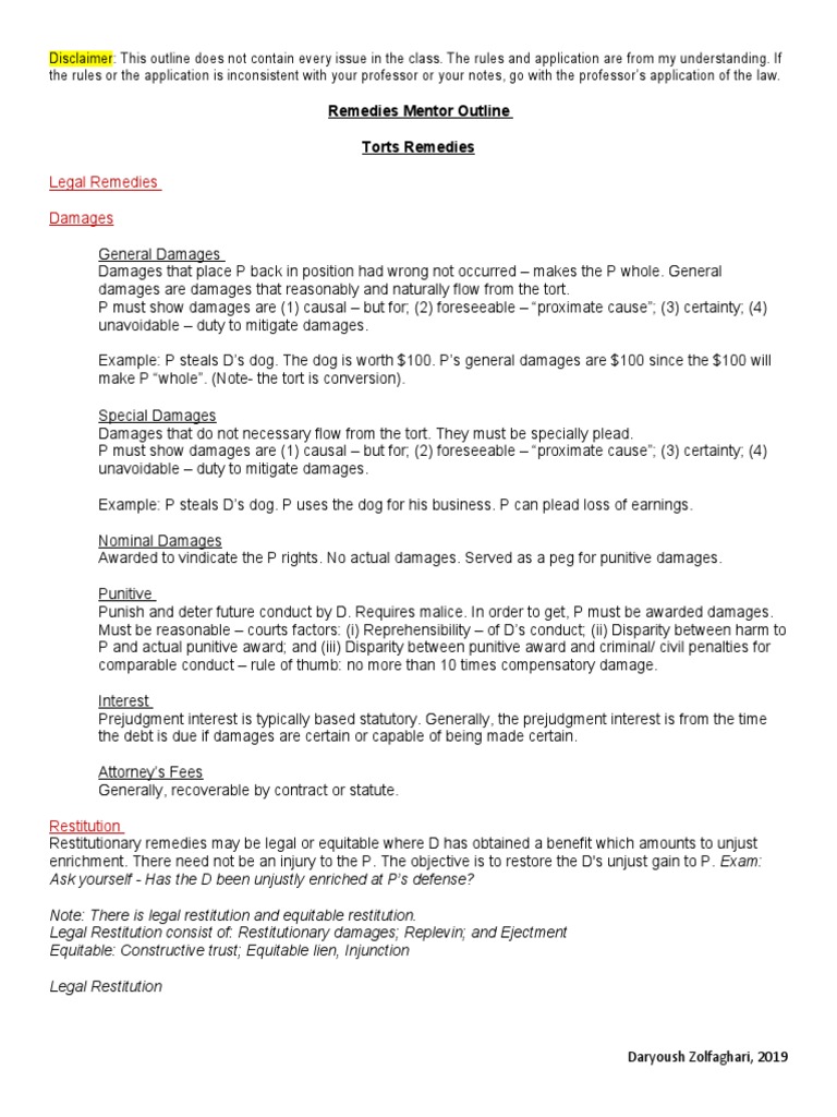 Remedies Mentor Outline | PDF | Damages | Injunction