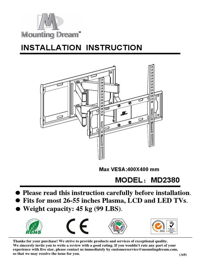 Mounting Dream Living Room TV Mount MD2380 Manual PDF Screw Drill