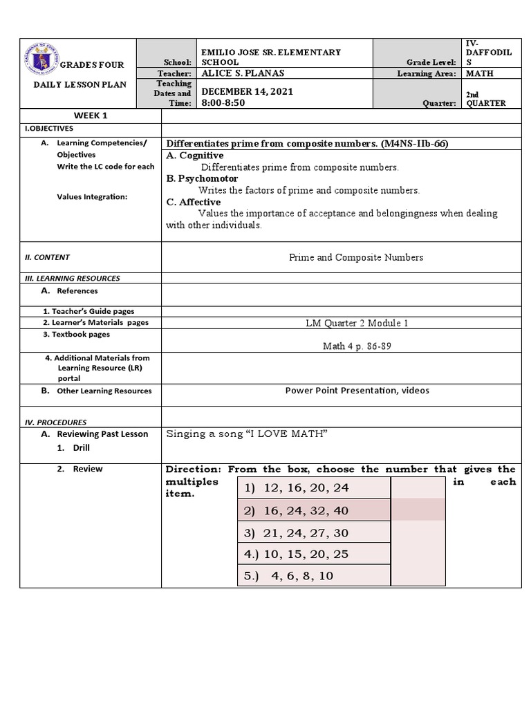 Prime and Composite Numbers Lesson Plan | PDF | Learning | Teachers