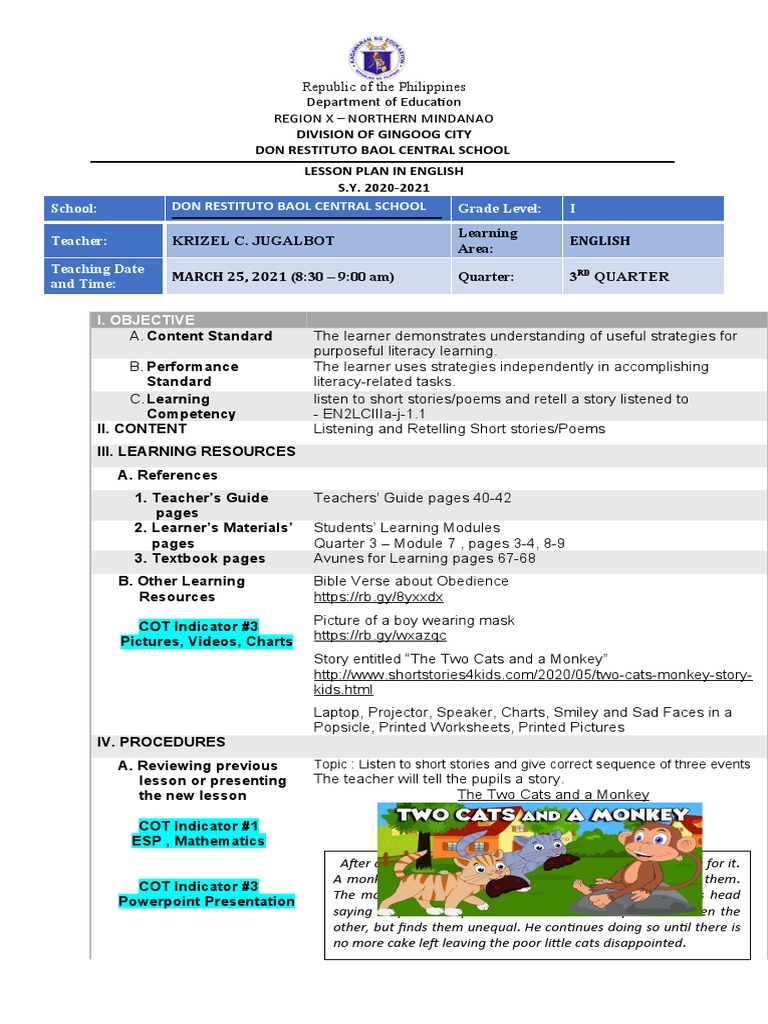 Grade 1 English Lesson Plan: Retelling Stories | PDF | Lesson Plan ...