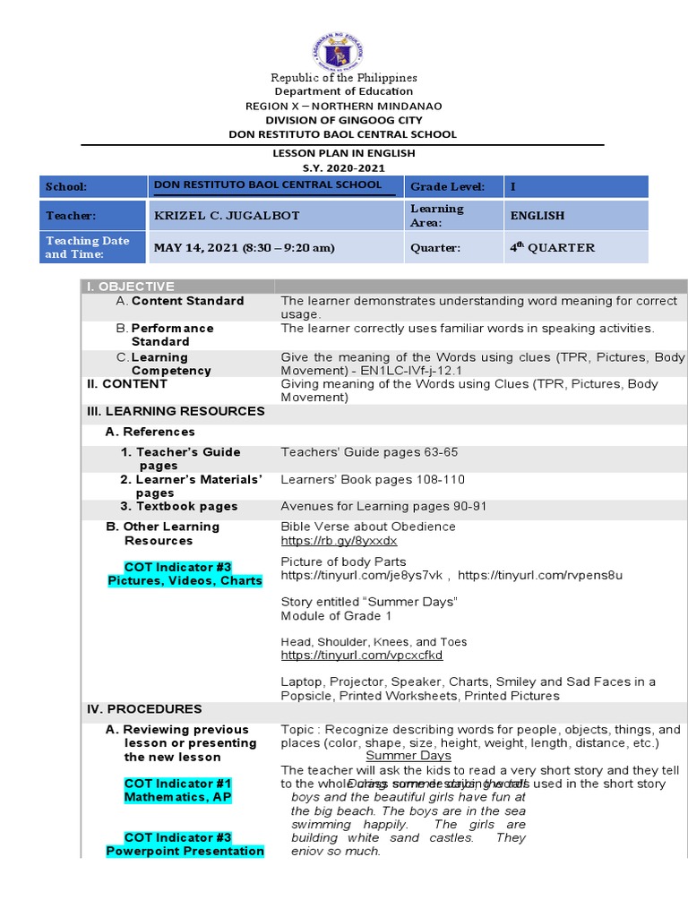 Grade 1 English Lesson Plan Q4 | PDF | Lesson Plan | Teachers