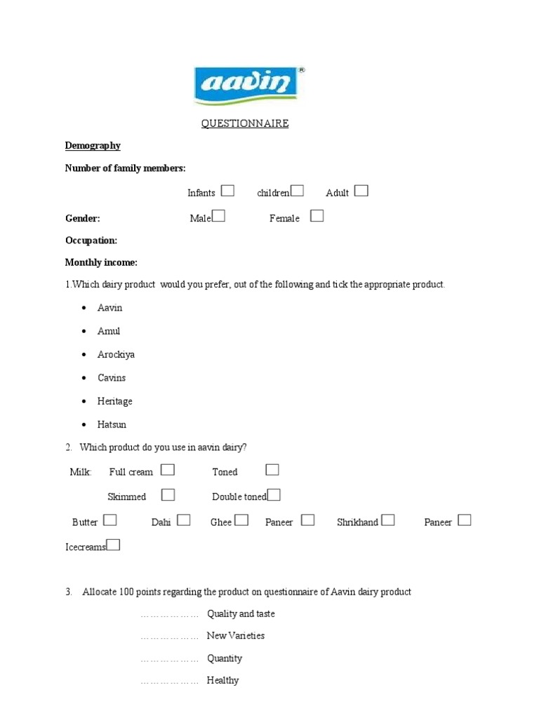 Aavin Questionnaire PDF Dairy Milk