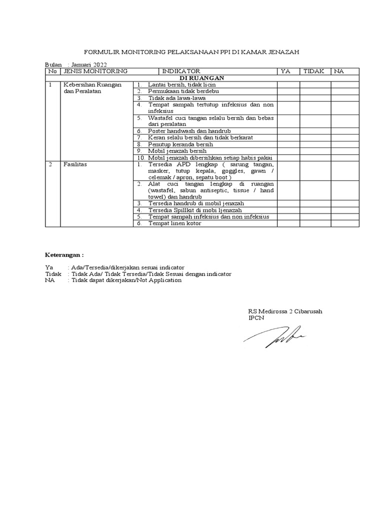Formulir Monitoring Pelaksanaan Ppi Di Instalasi Kamar Jenazah Pdf