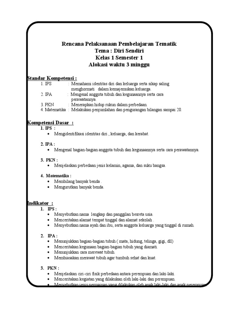 Rencana Pembelajaran Tematik Kelas 1 | PDF | Seni & Disiplin Bahasa