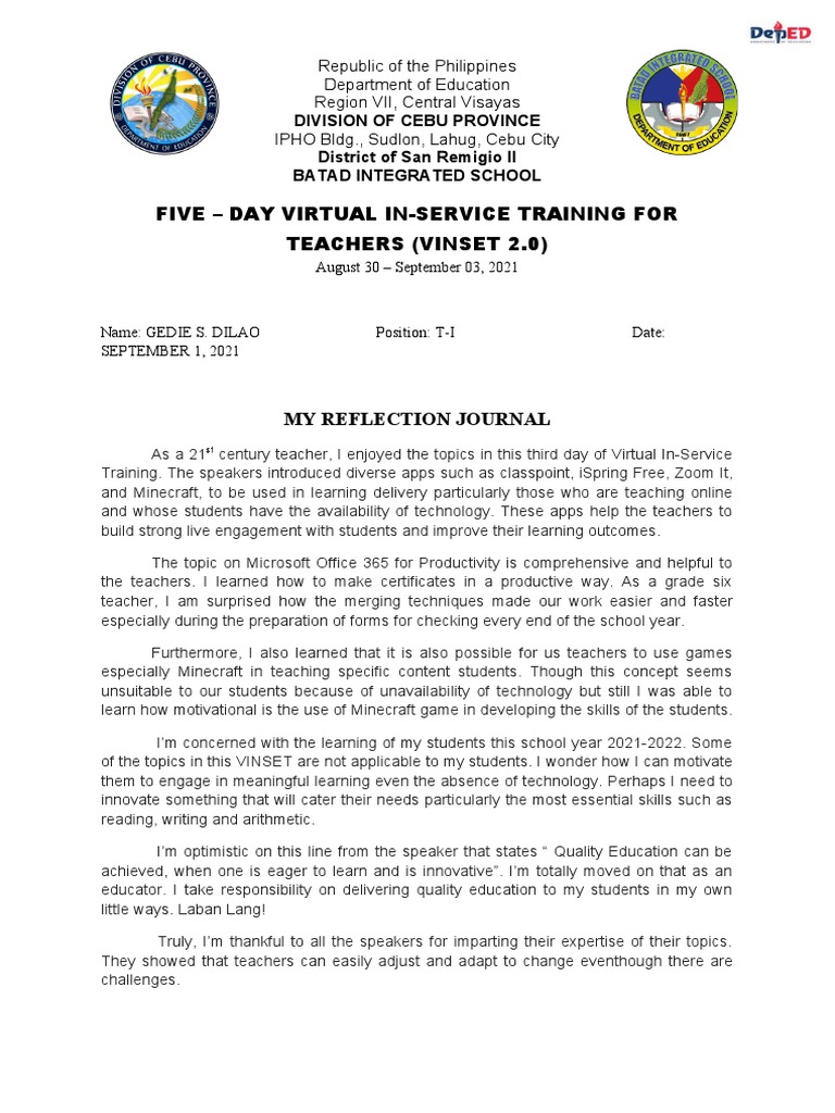 Reflection Journal 3 | PDF | Teachers | Learning