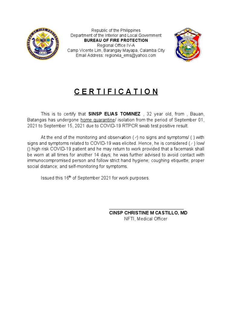 Medical Certificate For Quarantine PDF