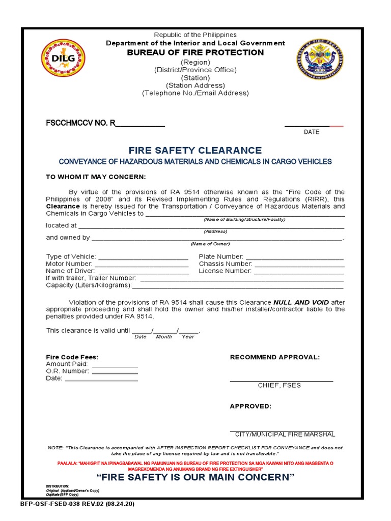 FSED 038F Fire Safety Clearance Conveyance of Hazardous Materials and Chemicals in Cargo