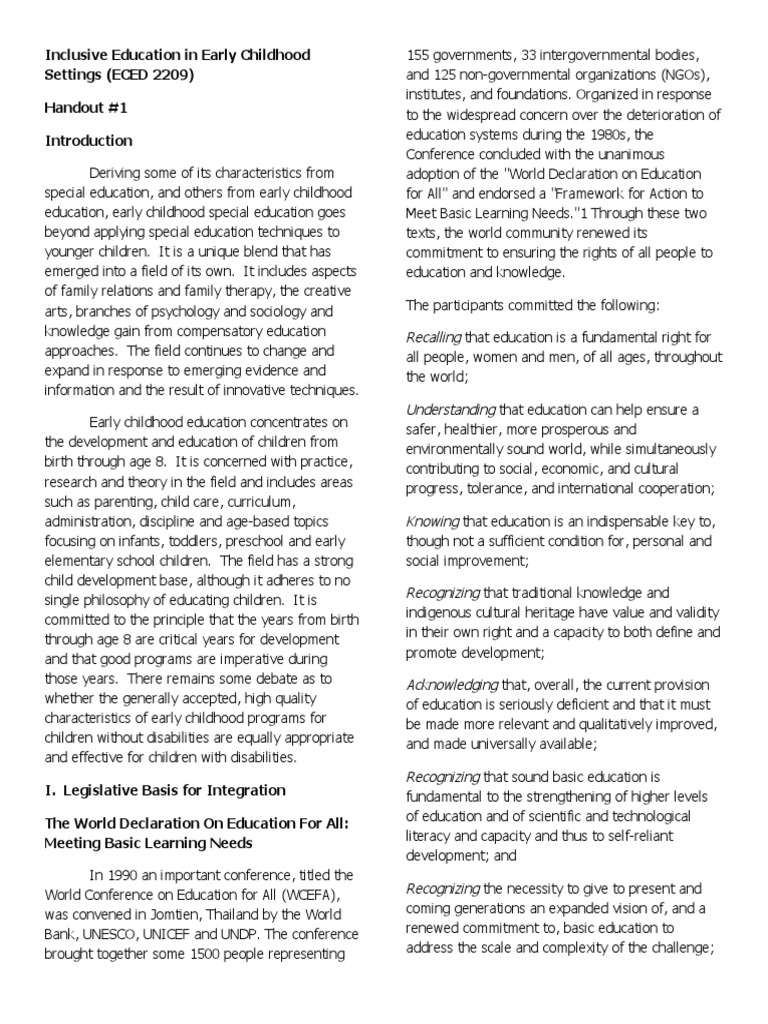 Inclusive Education in Early Childhood Settings (ECED 2209) Handout #1 ...