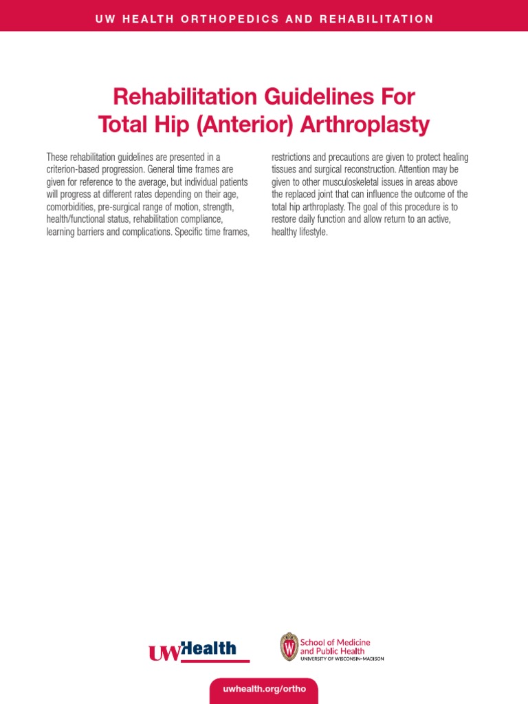 Rehabilitation Guidelines For Total Hip (Anterior) Arthroplasty | PDF ...