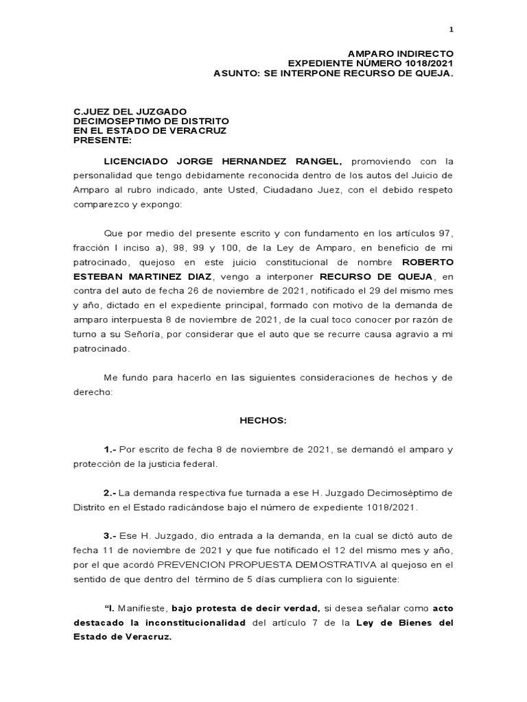 Recurso de Queja en Amparo Indirecto | PDF | Caso de ley | Crimen y ...