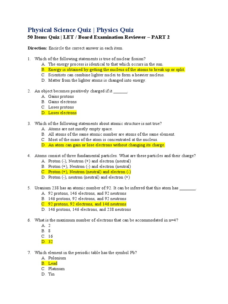 Physics Quiz: 50 Questions on Concepts | PDF | Atoms | Neutron