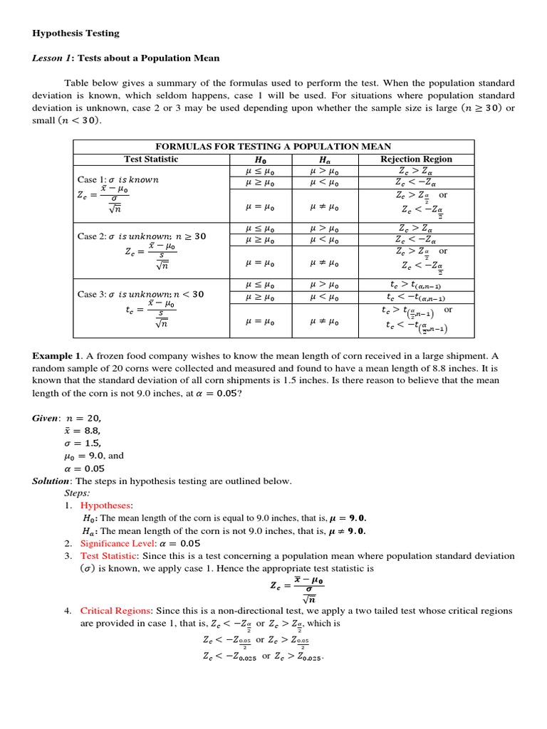 Lesson 1. Tests About A Population Mean | PDF | Statistical Hypothesis ...