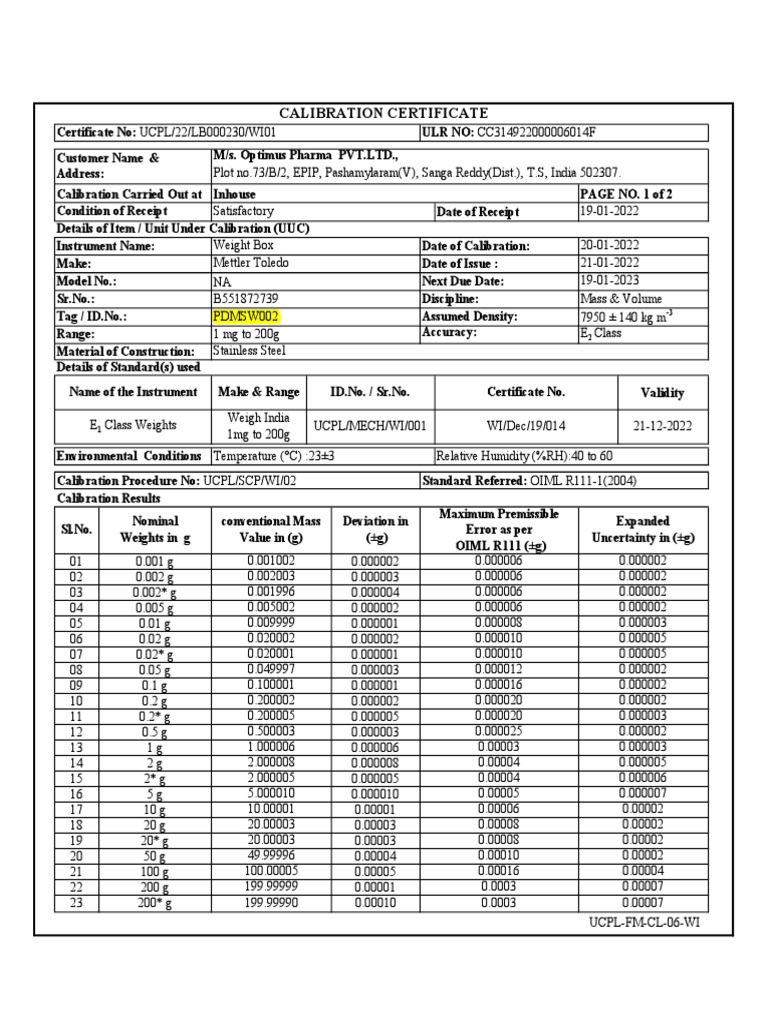 Weight Box (E2 Class) PDF Calibration Metrology